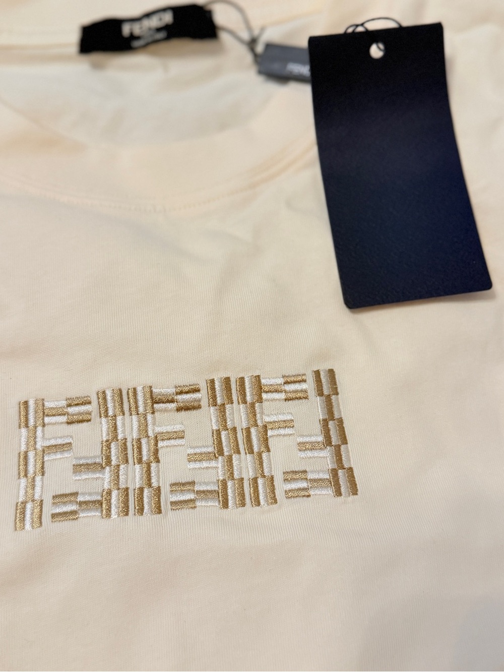 Men’s Cream Short Sleeve T-Shirt with Gold Embroidered Logo